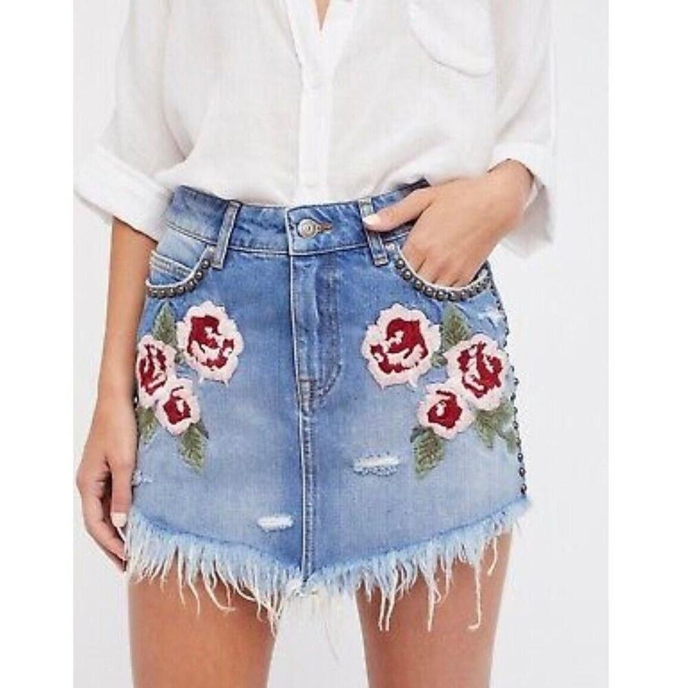 Free People Wild Rose Embroidered Floral Distressed Mini Skirt Denim